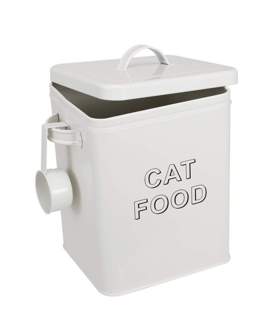 Pethiy Cat Food and Treats Containers Set with Scoop for Cats or Dogs -Tight Fitting Wood Lids - Coated Carbon Steel - Storage Canister Tins-Cat-White