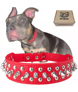 TEEMERRYCA Adjustable Microfiber Leather Spiked Studded Dog Collars with a Squeak Ball Gift for Small Medium Large Pets Like Cats/Pit Bull/Bulldog/Pugs/Husky, Red, XXL 19.7-22.4 inches