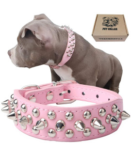 TEEMERRYCA Adjustable Leather Spiked Studded Dog Collars with a Squeak Ball Gift for Small Medium Large Pets Like Cats/Pit Bull/Bulldog/Pugs/Husky, Pink, M(12-15)