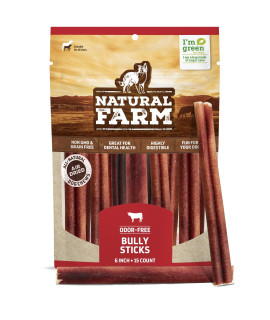 Natural Farm Odor-Free Bully Sticks (6 Inch, 15 Pack), Single Ingredient: 100% Beef Chews, Grass-Fed, Non-GMO, Grain-Free, Fully Digestible Treats for Puppies, Small or Senior Dog