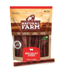 Natural Farm Gullet Sticks (6 Inch, 25 Pack), Grain-Free, Preservative-Free & Fully Digestible Beef Esophagus - Gentle Yet Effective Fun - Best for Light, Pups & Senior Chewers