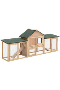 PawHut 83 L Outdoor Rabbit Hutch, Guinea Pig Cage Indoor Outdoor Wooden Bunny Hutch with Double Runs, Weatherproof Roof, Removable Tray, Ramps, Natural