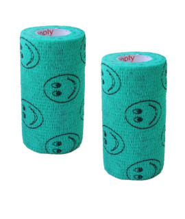 Vet Wrap Wrap Tape (Teal with Smiles) (2 Pack) (2 Inch x 15 feet) Self Adhesive Adherent Adhering Cohesive Flex Self Stick Bandage Grip Roll Dog Cat Pet Horse
