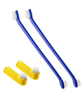 SunGrow Dog & Ferret Toothbrush Set of 4, 2 Long Dual-Headed Toothbrush and 2 Finger Brush, Blue and Yellow, Puppy, Cat, and Small Breed Dog Toothbrush, 9-Inches and 2.5-Inches