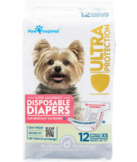 Paw Inspired Disposable Dog Diapers Female Dog Diapers Ultra Protection Diapers for Dogs in Heat, Excitable Urination, or Incontinence (12 Count, X-Small)