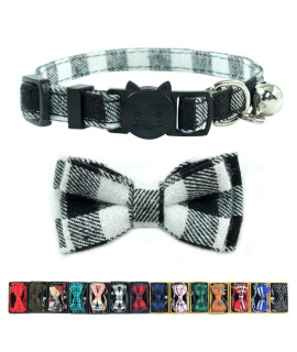 Cat Collars Breakaway with Bell and Bow Tie, Plaid Design Adjustable Safety Kitty Kitten Collar(6.8-10.8in) (Black Plaid)