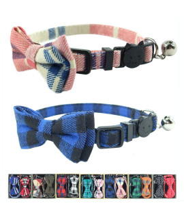 Cat Collar Breakaway with Bell and Bow Tie, Plaid Design Adjustable Safety Kitty Kitten Collars Set of 2 PCS (6.8-10.8in) (Pink&Blue Plaid)