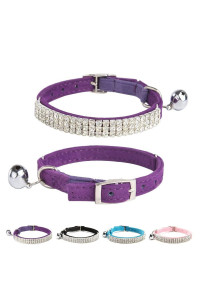 BINGPET Adjustable Cat Collar Soft Velvet Safe Kitten Collars Bling Diamante Necklace with Bells, 8in-10in Purple