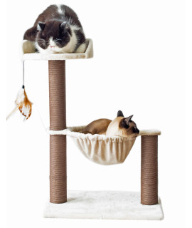 Catry Cat Tree with Feather Toy - Cozy Design of Cat Hammock Allure Kitten to Lounge in, Cats Love to Lazily Recline While Playing with Feather Toy and Scratching Post