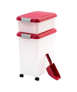 IRIS USA 3-Piece 35 Lbs / 45 Qt WeatherPro Airtight Pet Food Storage Container Combo with Scoop and Treat Box for Dog Cat and Bird Food, Stackable, Keep Fresh, Translucent Body, BPA Free, Red/Pearl