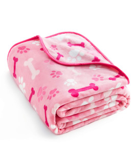Allisandro Luxurious Dog Blanket, 350 GSM Super Fuzzy Microplush Fleece Pet Blankets for Small Medium Large Dogs and Cats, Pink Paw and Bone, 80 x 64?