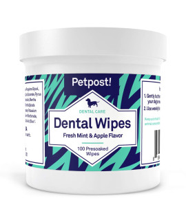 Petpost Dental Wipes for Dogs - Bad Breath and Tooth Buildup Gone - 100 Presoaked Pads in Natural Tooth Cleaning Solution