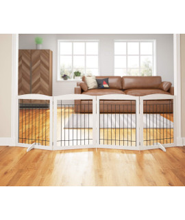 PAWLAND Extra Wide Dog gate for The House, Doorway, Stairs, Dog Fences Indoor, Freestanding Foldable Wooden Pet Gates for Dogs, Set of Support Feet Included, 96 in Wide 30 in Tall, 4 Panels White