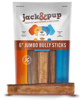 Jack&Pup 6-inch Premium Odor Free Bully Sticks Dog Treats [Jumbo Size],- 6 Long Natural Gourmet Chews Dog Treat - Fresh Beef Flavor - 60% Longer Lasting Bully Stick
