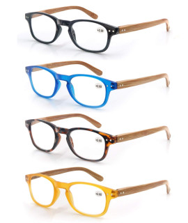 MODFANS 4 Pack Reading glasses 275 Fashion Wood-Look Spring Hinges Stylish Readers Men Women