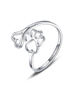 Puppy Pet Lovers Paw Print Ring Heart 925 Sterling Silver Adjustable Ring Pet Animal Jewelry Creative Pierced Love Dog Cat Claw Ring Pet Loving Friend Families Gifts (Silver heart paw ring)