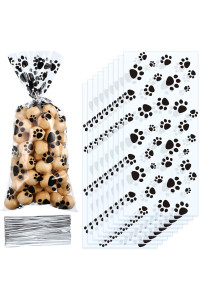 100 Pieces Paw Print Cone Cellophane Bags Heat Sealable Dog Gift Cat Candy Bags with 100 Pieces Silver Twist Ties for Pet Treat Party Favor (Black)