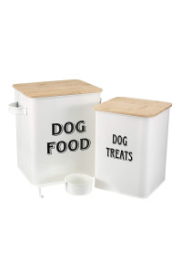 Pethiy Dog Food and Treats storage tin Containers Set with Scoop for Dogs-Tight Fitting Wood Lids-Coated Carbon Steel-Storage Canister Tins-White