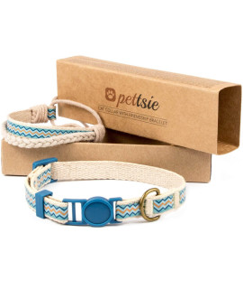 Pettsie Easy Adjustable Kitten Collar Set, Safety Breakaway Buckle, Matching Friendship Bracelet, Soft Cotton for Sensitive Skin, Ideal for Kitty Lovers, Fits Neck Sizes 5-8 Inches, Blue