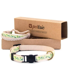 Pettsie Kitten Collar Set, Breakaway Safe Buckle, Matching Friendship Bracelet, Soft Cotton for Sensitive Skin, D-Ring for Accessories, Carton Box, Easy Adjustable 5-8 Inches Neck, Green