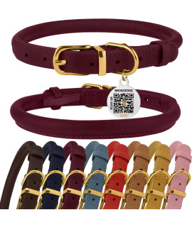 BRONZEDOG Rolled Leather Dog Collar with QR ID Tag Adjustable Soft Round Collars for Small Medium Large Dogs Puppy Cat (7 - 9 Neck Size, Burgundy)