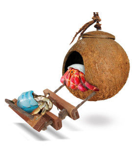 Sungrow Hermit Crab Coco Hut With Ladder, Cave Habitat With Hanging Loop, Large
