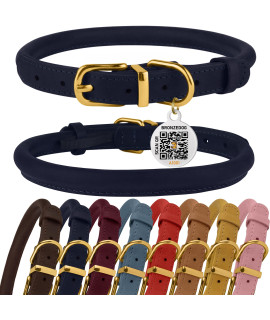 BRONZEDOG Rolled Leather Dog Collar with QR ID Tag Adjustable Soft Round Collars for Small Medium Large Dogs Puppy Cat (Dark Blue, 16 - 18 Neck Size)