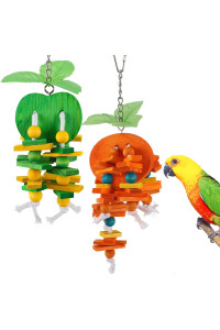 MEWTOGO 2 Pack Natural Wood Block Parrot Chew Toys- Orange&Apple Shaped Hanging Cage Chewing Foraging Toy for Eclectus Budgies Parakeet Cockatiel Conure Lovebirds Small&Medium Birds