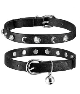 Leather Cat Collars Bell,Cats Safety Collar with Elastic Strap, Adjustable Kitty Collar for Cats, Personalized Moon & Rhinestone 7-10 Inch Length for Cats, Kitten & Puppy (1 Pack Black)