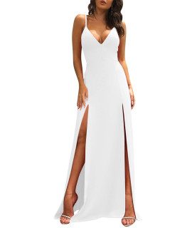 TOB Womens Sexy Sleeveless Spaghetti Strap Backless Split cocktail Long Dress White