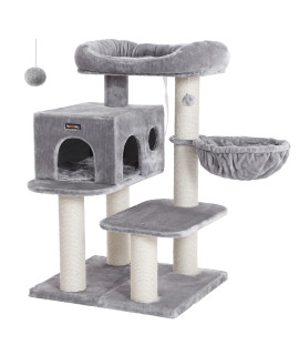 FEANDREA Cat Tree, Cat Tower with XXL Plush Perch, Cat Condo with Adjustable Units, Cat Toys, Extra Thick Posts Completely Wrapped in Sisal, Stable, Beige PCT01W, Light Grey