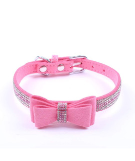SKS PET Bow Tie Bling Dog Collar Faux Leather Adjustable Pet Necklace for Female Puppy Chihuahua Yorkie (S, Pink)