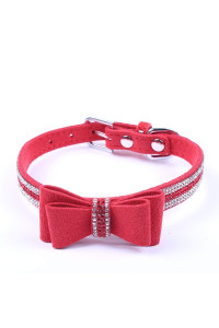 SKS PET Bow Tie Bling Dog Collar Faux Leather Adjustable Pet Necklace for Female Puppy Chihuahua Yorkie (XS, Red)