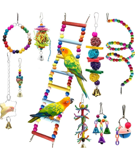EBaokuup 10 Packs Bird Swing Chewing Toys- Parrot Hammock Bell Toys Parrot Cage Toy Bird Perch with Wood Beads Hanging for Small Parakeets, Cockatiels, Conures, Finches,Budgie,Parrots, Love Birds