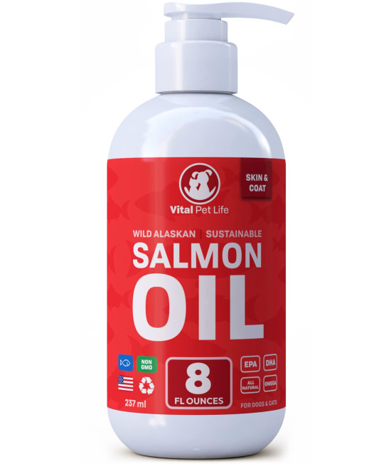 Salmon Oil for Dogs & Cats - Healthy Skin & Coat, Fish Oil, Omega 3 EPA DHA, Liquid Food Supplement for Pets, All Natural, Supports Joint & Bone Health, Natural Allergy & Inflammation Defense, 8 oz