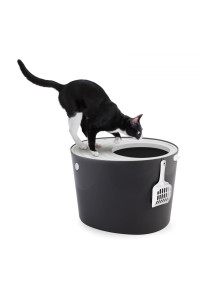 Iris Ohyama, Cat Litter Tray with Grooved Lid/Top Cover, No Odor and Litter Spill, Large Entrance, Scoop Included, for Cat - Cat Litter Box Jump-in PUNT-530 - Grey
