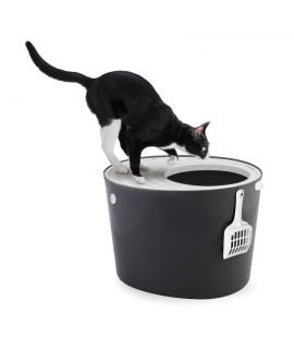 Iris Ohyama, Cat Litter Tray with Grooved Lid/Top Cover, No Odor and Litter Spill, Large Entrance, Scoop Included, for Cat - Cat Litter Box Jump-in PUNT-530 - Grey