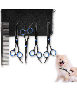 YOUTHINK Dog Grooming Scissors Kit, 7 in 1 Stainless Steel Fast Cut Pet Grooming Shears Set Safety Round Tip Thinning Straight Curved Scissors with Grooming Comb for Dog Cat Other Pet