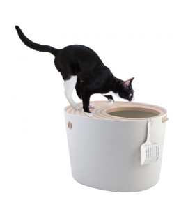 Iris Ohyama, Cat Litter Tray with Grooved Lid/Top Cover, No Odor and Litter Spill, Large Entrance, Scoop Included, for Cat - Cat Litter Box Jump-in PUNT-530 - White