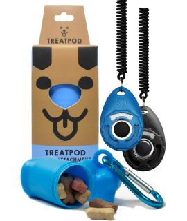 TREATPOD Leash Treat Holder and Training Clickers (Blue/Black) - Portable Container and Clickers with Wrist Straps Training Bundle