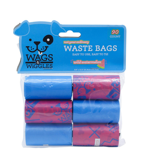 Wags & Wiggles Large Scented Dog Waste Bags Watermelon Scented Dog Poop Bags Waste Bags for All Dogs, Great for Everyday Use and Dog Walking 6 Rolls of Doggie Bags, 90 Count