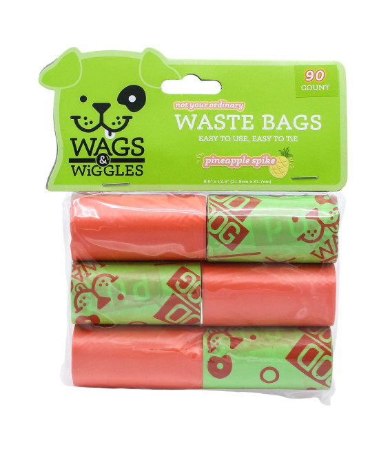Wags & Wiggles Large Scented Dog Waste Bags Pineapple Scented Dog Poop Bags Waste Bags for All Dogs, Great for Everyday Use and Dog Walking 6 Rolls of Doggie Bags, 90 Count