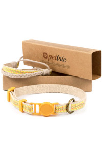 Pettsie Easy Adjustable Cat Collar Set, Safety Breakaway Buckle, Matching Friendship Bracelet, Soft Cotton for Sensitive Skin, Ideal for Kitty Lovers, Fits Neck Sizes 7.5-11.5 Inches, Yellow