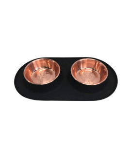 Messy Mutts Double Silicone Feeder with copper-colored Stainless Bowls Non-Skid Food Dishes for Dogs for All Pets Dog Food Bowls Medium 1.5 cups Per Bowl Black