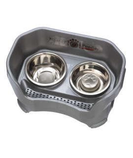 Neater Feeder - Deluxe Model w/Slow Feed Bowl (Stainless Steel) - Mess-Proof Elevated Dog Bowls (Medium Dog, Gunmetal) - Non-Tip, Spill Proof, Non-Skid Food & Water Bowls for Pets