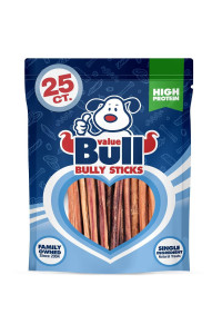 ValueBull Bully Sticks for Small Dogs, Extra Thin 6 Inch, 25 Count - All Natural Dog Treats, 100% Beef Pizzles, Single Ingredient Rawhide Alternative