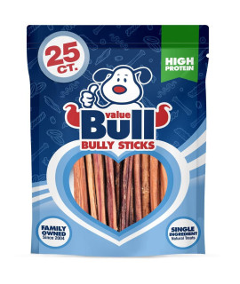 ValueBull Bully Sticks for Small Dogs, Extra Thin 6 Inch, 25 Count - All Natural Dog Treats, 100% Beef Pizzles, Single Ingredient Rawhide Alternative