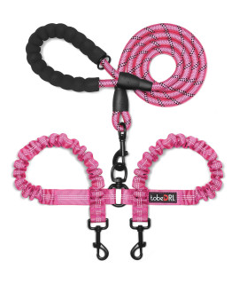 tobedri Comfortable Dual Dog Leash Tangle Free with Shock Absorbing Bungee Reflective 2 Dog Leashes for Large Medium Small Dogs (Pink 0-25 lbs)