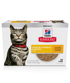 Hills Science Diet Wet cat Food, Adult, Urinary & Hairball control, Savory chicken Recipe, 29 oz, 12 Pack
