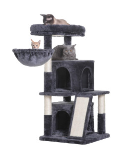 Hey-brother Cat Tree with Scratching Board, 2 Luxury Condos, 41.34 inches Cat Tower with Padded Plush Perch and Cozy Basket, Smoky Gray MPJ004G